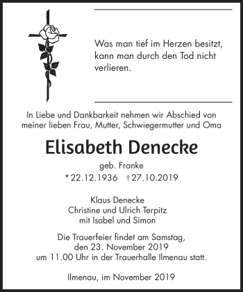Traueranzeige von Elisabeth Denecke von Südthüringer Presse