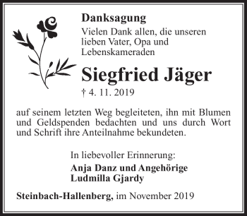Traueranzeige von Siegfried Jäger von Südthüringer Presse