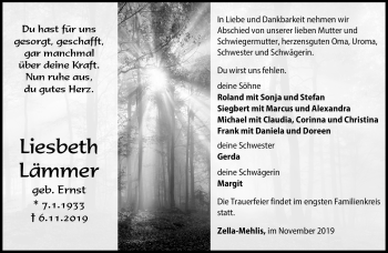Traueranzeige von Liesbeth Lämmer von Südthüringer Presse