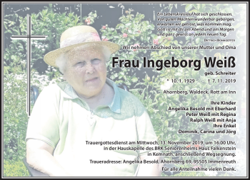 Traueranzeige von Ingeborg Weiß von Frankenpost