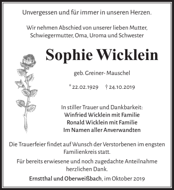 Traueranzeige von Sophie Wicklein von Südthüringer Presse