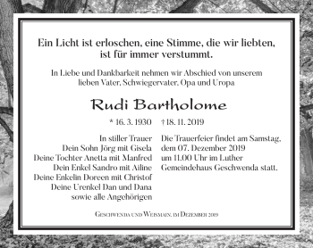 Traueranzeige von Rudi Bartholome von Südthüringer Presse