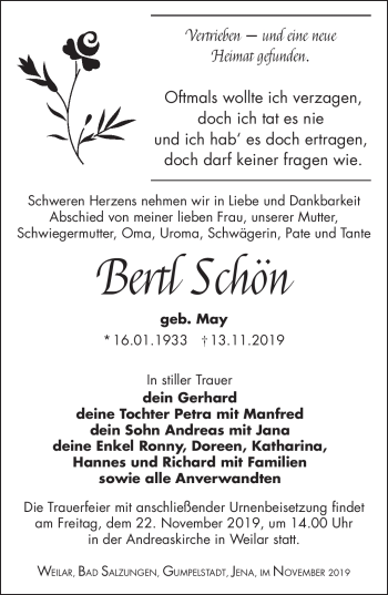 Traueranzeige von Bertl Schön von Südthüringer Presse