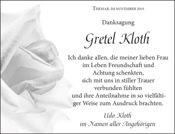 Traueranzeige von Gretel Kloth von Südthüringer Presse