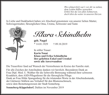 Traueranzeige von Klara Schindhelm von Südthüringer Presse