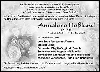 Traueranzeige von Annelore Heßland von Südthüringer Presse