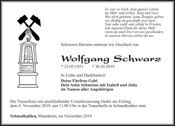 Traueranzeige von Wolfgang Schwarz von Südthüringer Presse