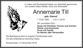 Traueranzeige von Annemarie Till von Frankenpost