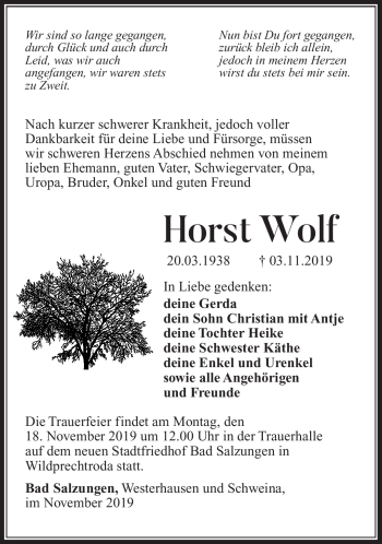 Traueranzeige von Horst Wolf von Südthüringer Presse