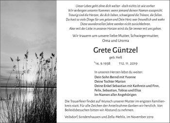 Traueranzeige von Grete Güntzel von Südthüringer Presse