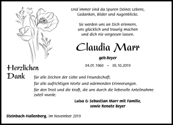 Traueranzeige von Claudia Marr von Südthüringer Presse