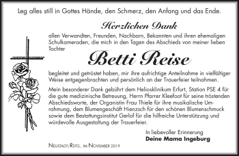 Traueranzeige von Betti Reise von Südthüringer Presse