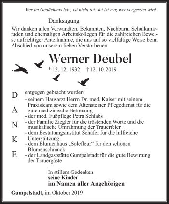 Traueranzeige von Werner Deubel von Südthüringer Presse