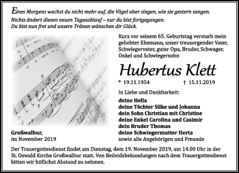 Traueranzeige von Hubertus Klett von Südthüringer Presse