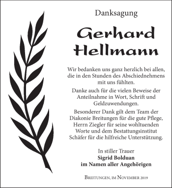 Traueranzeige von Gerhard Hellmann von Südthüringer Presse