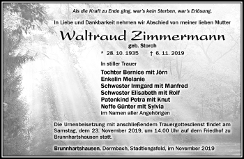 Traueranzeige von Waltraud Zimmermann von Südthüringer Presse