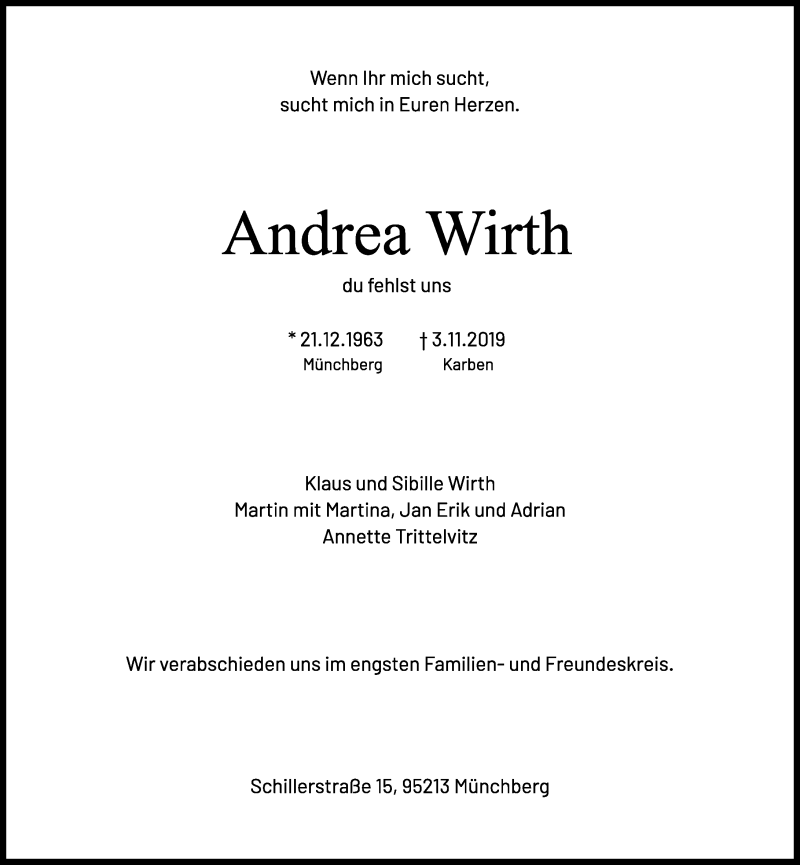  Traueranzeige für Andrea Wirth vom 16.11.2019 aus Frankenpost