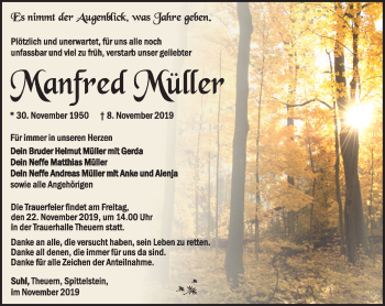 Traueranzeige von Manfred Müller von Südthüringer Presse