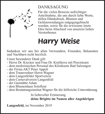 Traueranzeige von Harry Weise von Südthüringer Presse