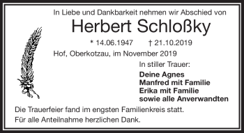 Traueranzeige von Herbert Schloßky von Frankenpost