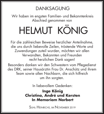Traueranzeige von Helmut König von Südthüringer Presse