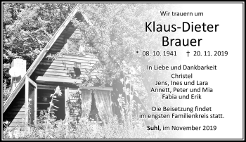 Traueranzeige von Klaus-Dieter Brauer von Südthüringer Presse