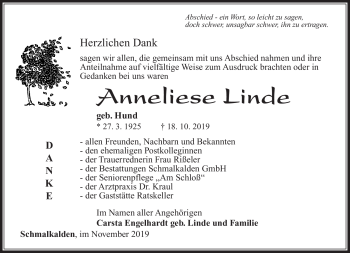 Traueranzeige von Anneliese Linde von Südthüringer Presse