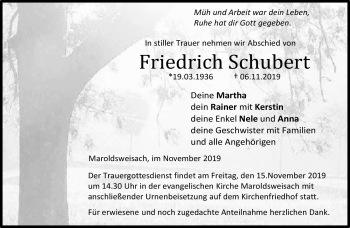 Traueranzeige von Friedrich Schubert von Neue Presse Coburg