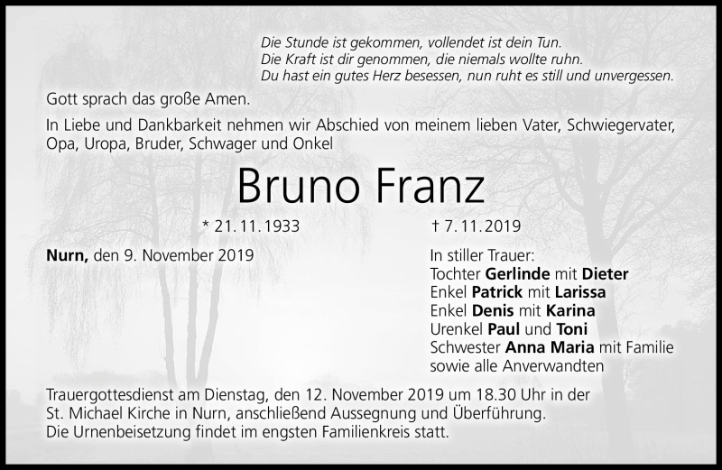  Traueranzeige für Bruno Franz vom 09.11.2019 aus Neue Presse Coburg