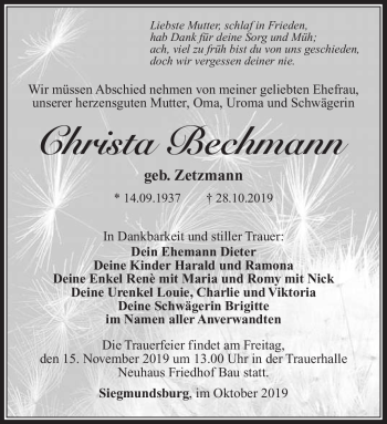 Traueranzeige von Christa Bechmann von Südthüringer Presse