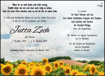 Traueranzeige von Jutta Zech von Südthüringer Presse
