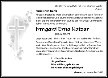 Traueranzeige von Irmgard Kazter von Südthüringer Presse