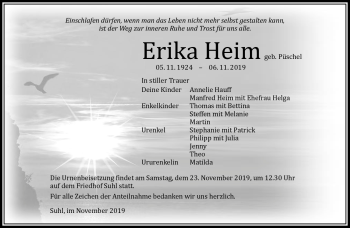 Traueranzeige von Erika Heim von Südthüringer Presse