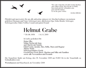 Traueranzeige von Helmut Grabe von Südthüringer Presse