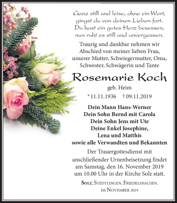 Traueranzeige von Rosemarie Koch von Südthüringer Presse