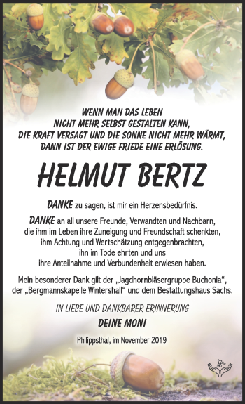 Traueranzeige von Helmut Bertz von Südthüringer Presse