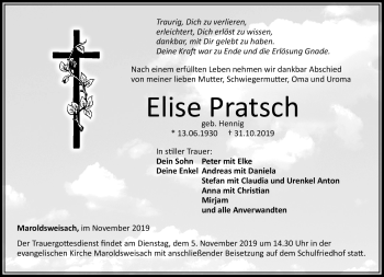 Traueranzeige von Elise Pratsch von Neue Presse Coburg