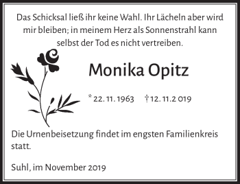 Traueranzeige von Monika Opitz von Südthüringer Presse