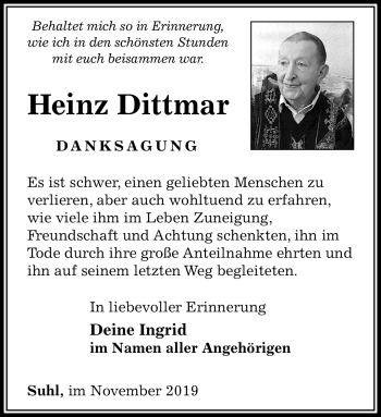 Traueranzeige von Heinz Dittmar von Südthüringer Presse