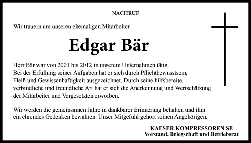  Traueranzeige für Edgar Bär vom 26.11.2019 aus Neue Presse Coburg