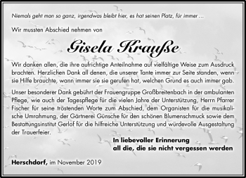 Traueranzeige von Gisela Krauße von Südthüringer Presse