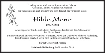 Traueranzeige von Hilde Menz von Südthüringer Presse