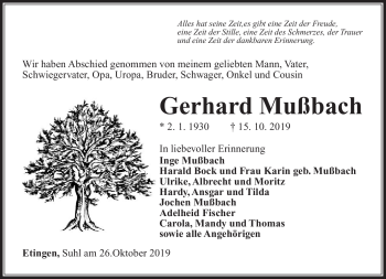 Traueranzeige von Gerhard Mußbach von Südthüringer Presse