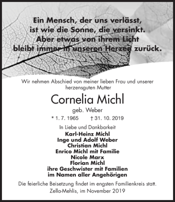 Traueranzeige von Cornelia Michl von Südthüringer Presse