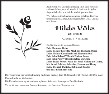 Traueranzeige von Hilde Völz von Südthüringer Presse
