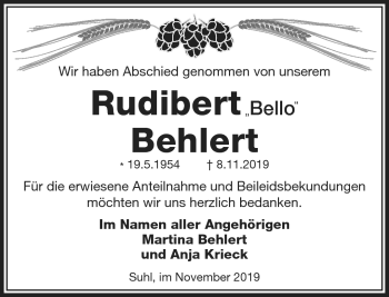 Traueranzeige von Rudibert Behlert von Südthüringer Presse