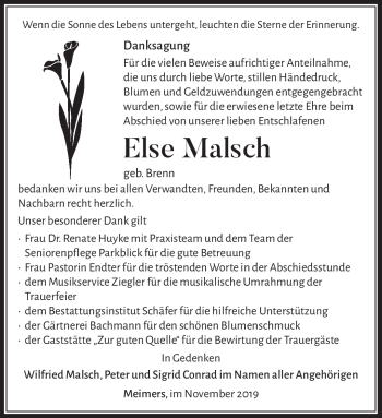 Traueranzeige von Else Malsch von Südthüringer Presse