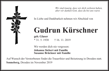 Traueranzeige von Gurdrun Kürschner von Südthüringer Presse