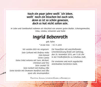 Traueranzeige von Ingrid Bebenroth von Südthüringer Presse