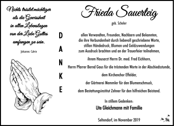 Traueranzeige von Frieda Sauerteig von Südthüringer Presse